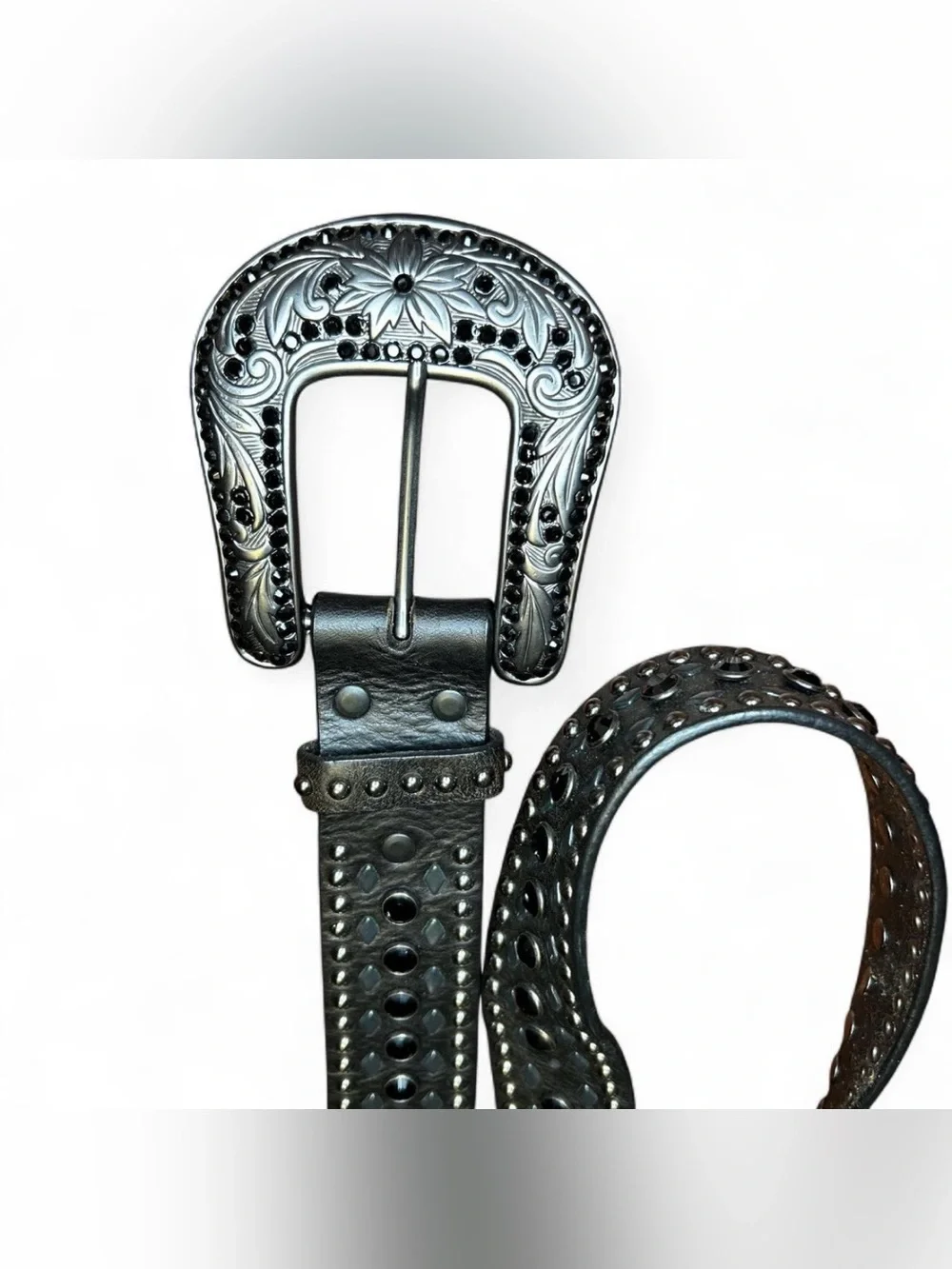 Men's Black Studded Leather Belt with Decorative Silver Buckle